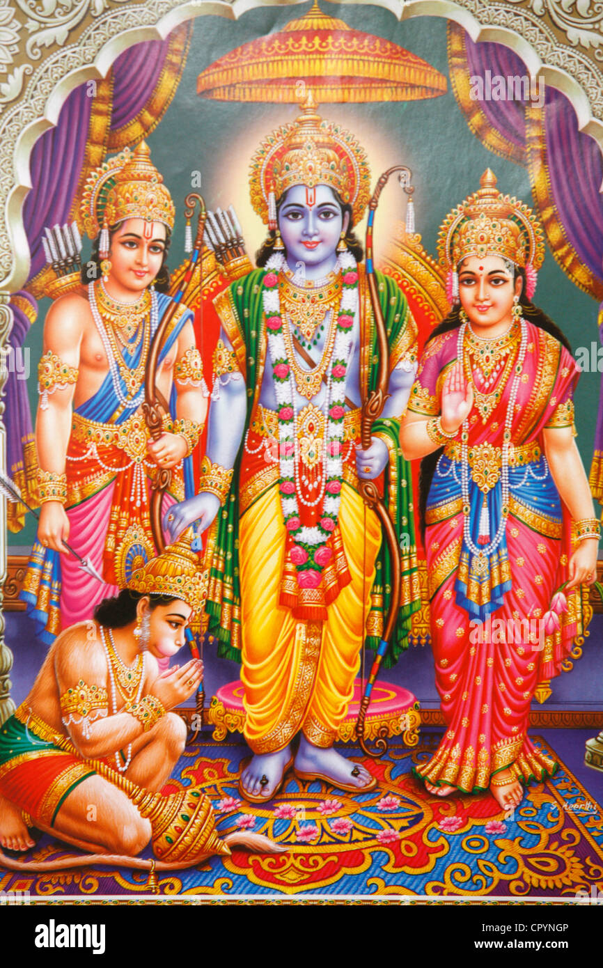 Picture of Hindu gods Laksman, Rama, Sita and Hanuman, India, Asia Stock Photo