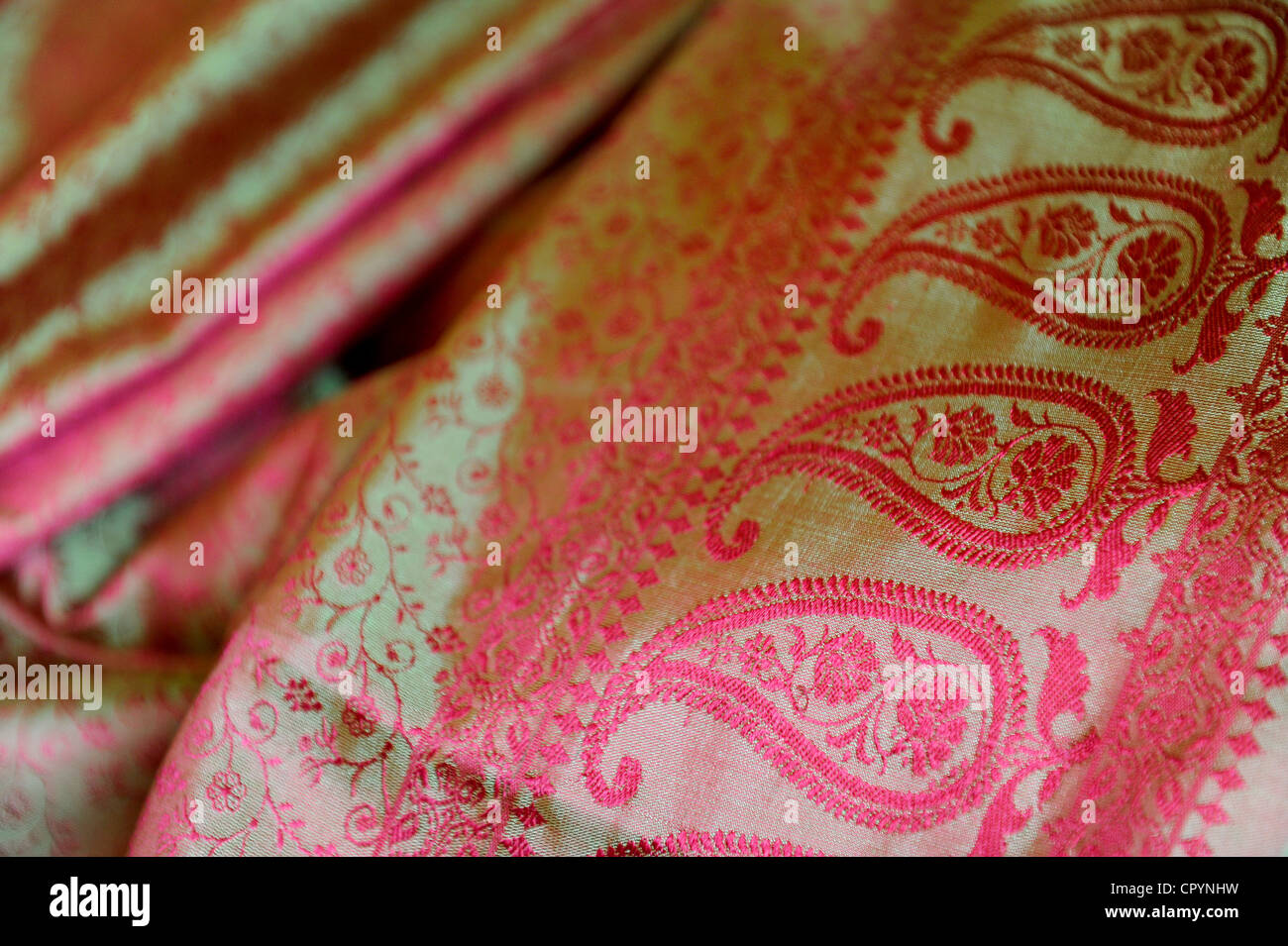 Benares silk with India droplet patterns, Varanasi, Uttar Pradesh, India, Asia Stock Photo