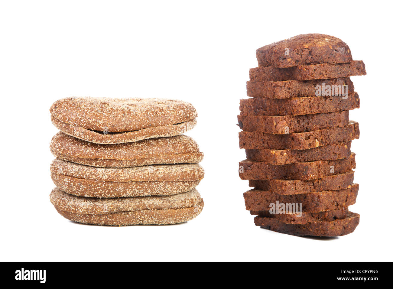 Two piles of the cut bread isolated on a white background Stock Photo