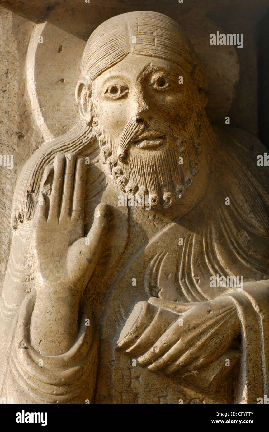 Prophet Isaiah. Detail. Main portico. 12th century. Cremona Catedral. Italy. Stock Photo