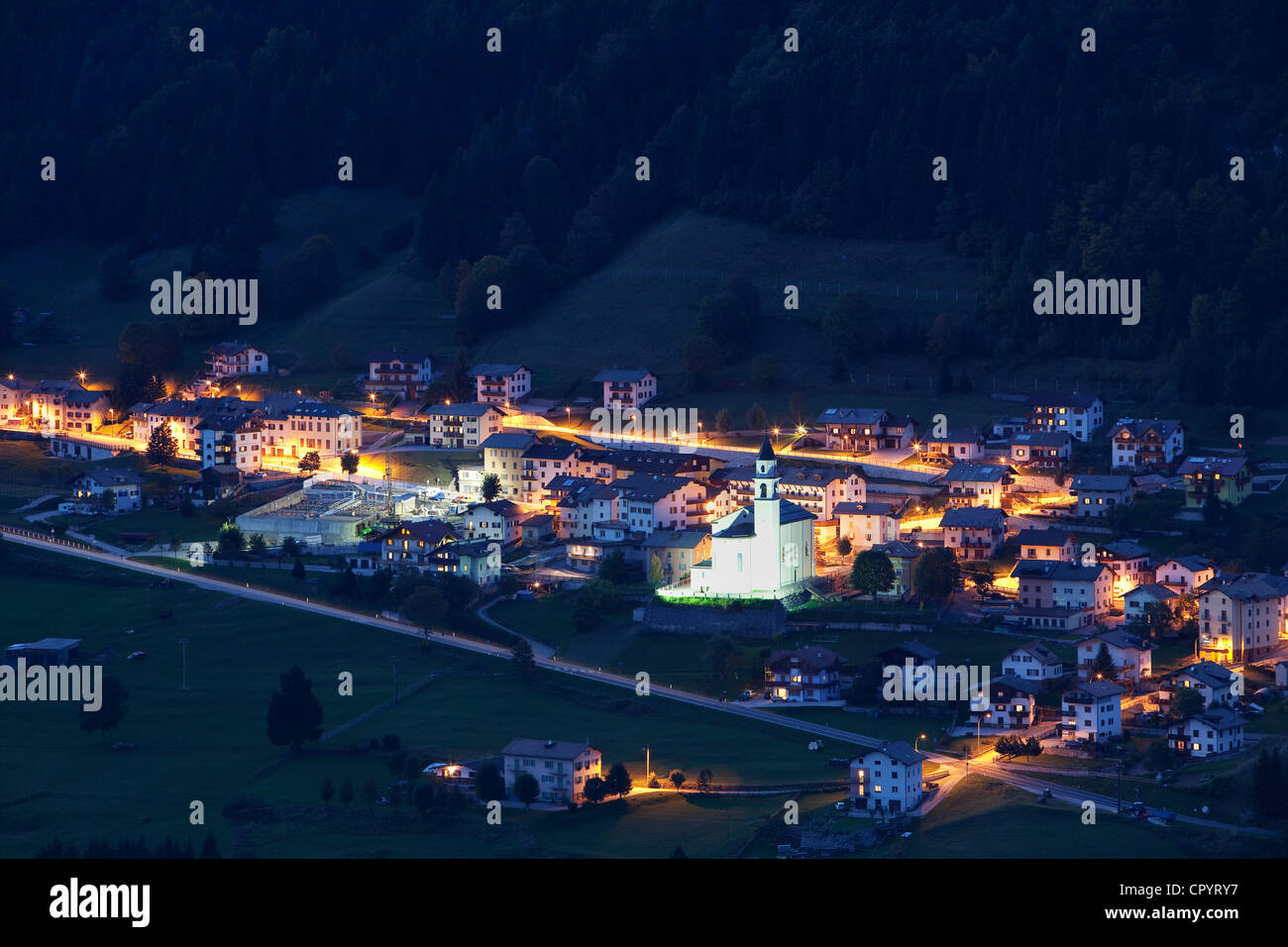 San Sebastiano at night, Folgaria, province of Trentino, Italy, Europe Stock Photo