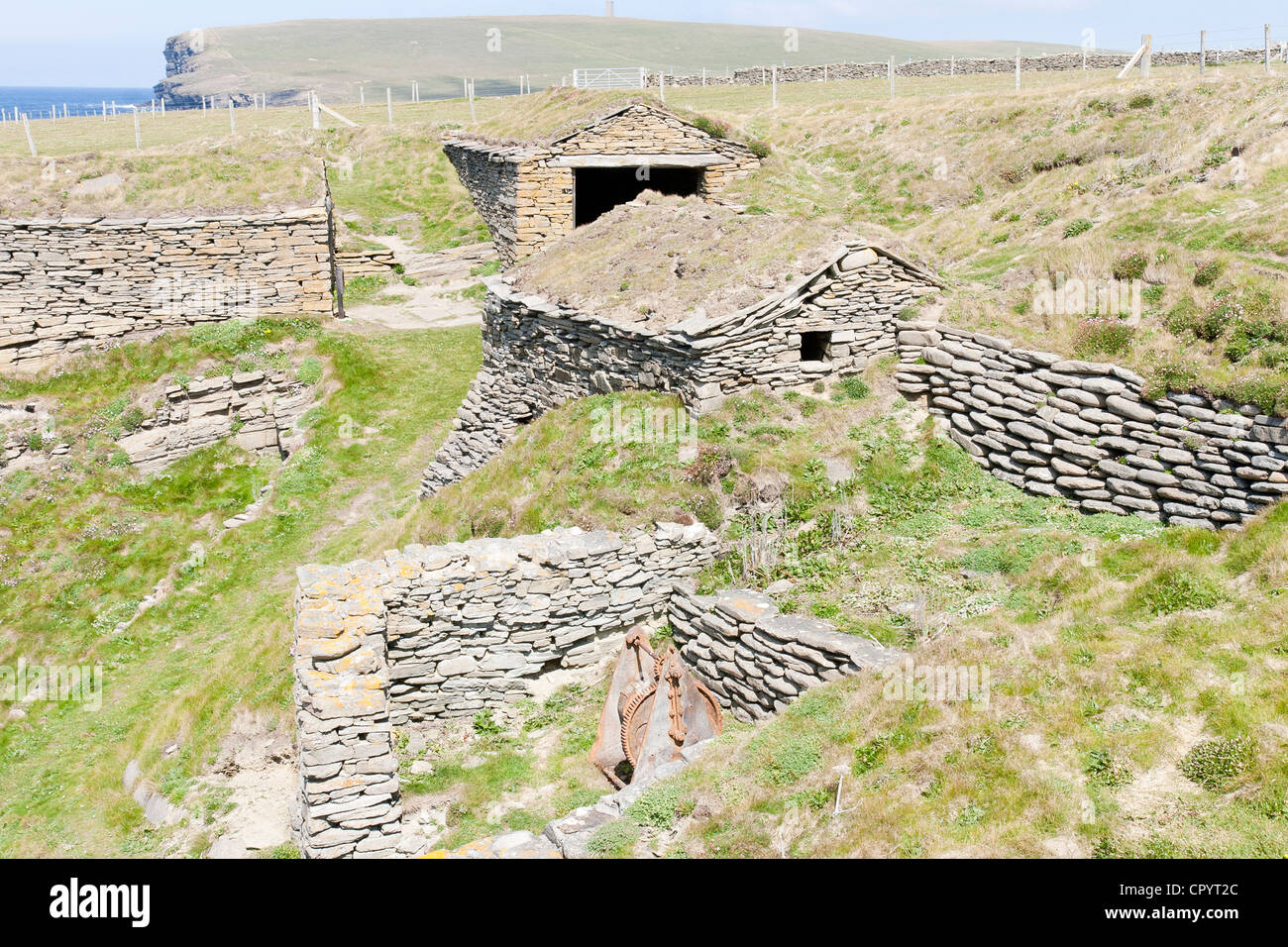 Birsay, Orkney Island and restored fishermen's huts Stock Photo