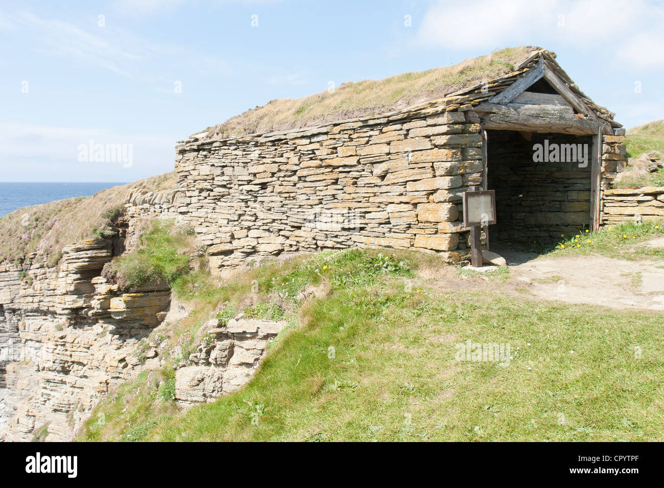 Birsay, Orkney Island and restored fishermen's huts Stock Photo