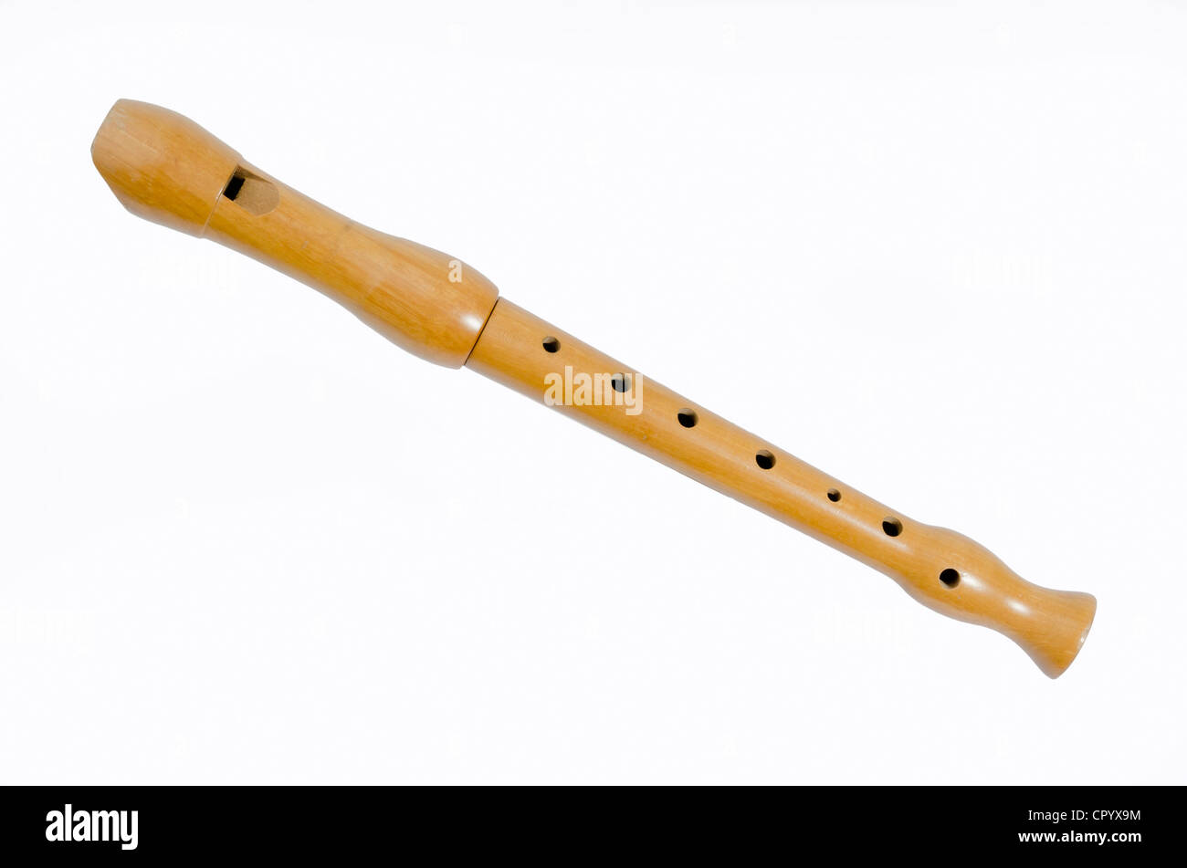 A used soprano recorder, C-flute, wooden Stock Photo
