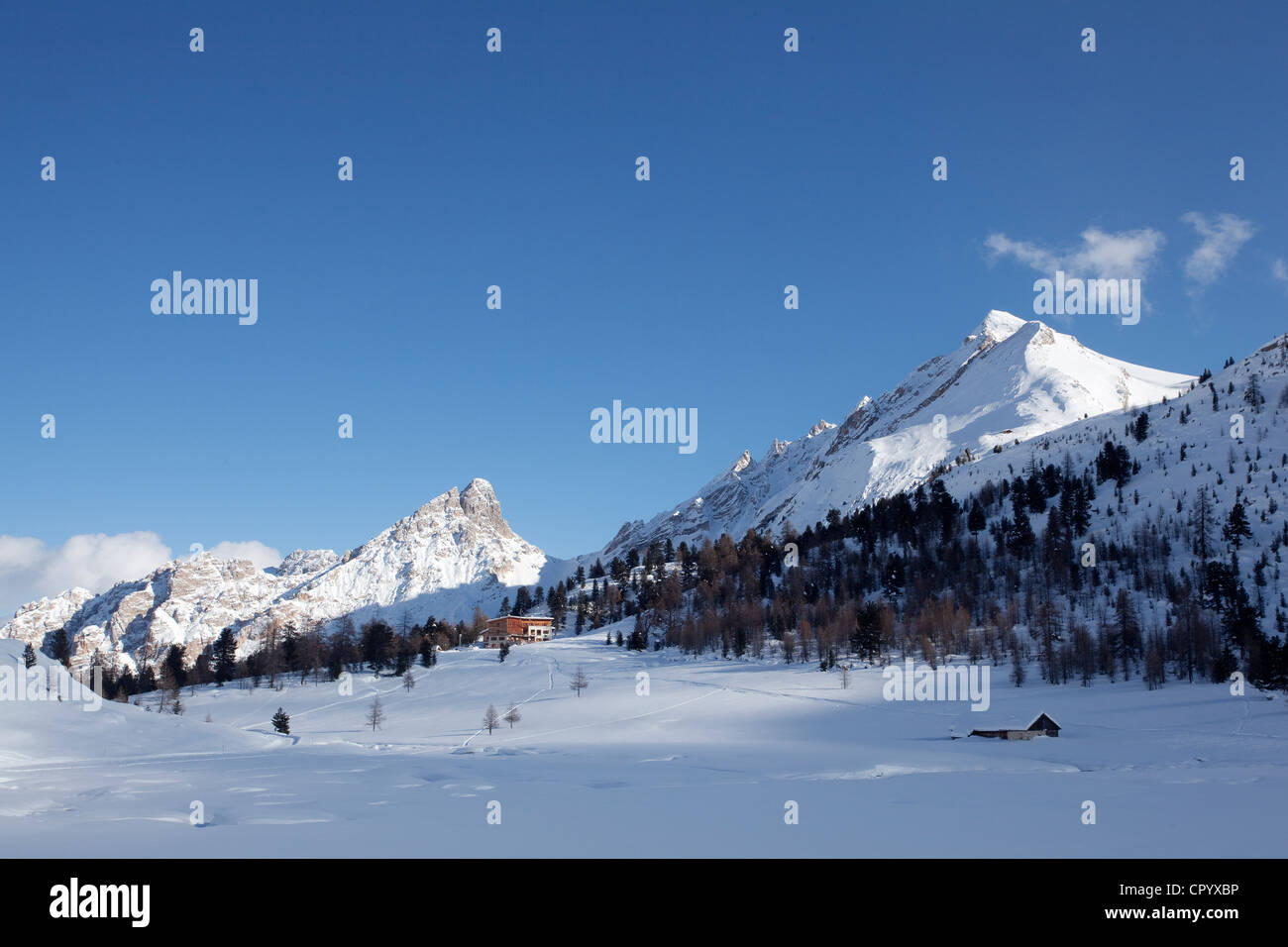 Fanesalm alp with Fanes hut in winter, Dolomites, South Tyrol, Italy, Europe Stock Photo