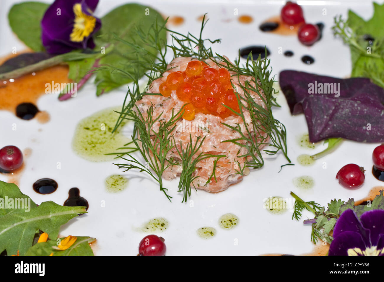 Salmon tartare, salmon caviar, dill, basil oil, balsamic reduction, black currants, wild herbs Stock Photo