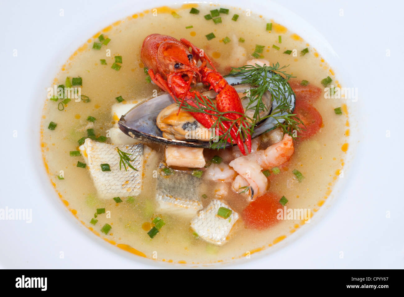 Fish soup, crayfish, green New Zealand mussels, perch, salmon, shrimp Stock Photo