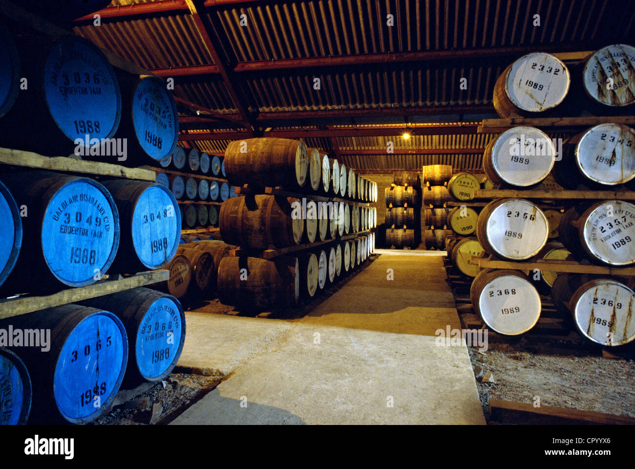 Balblair distillery whiskey barrel aging store Stock Photo
