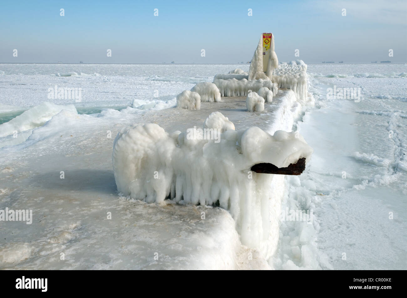 Icy pier, frozen Black Sea, a rare phenomenon, occured in 1977 for the last time, Odessa, Ukraine, Eastern Europe Stock Photo