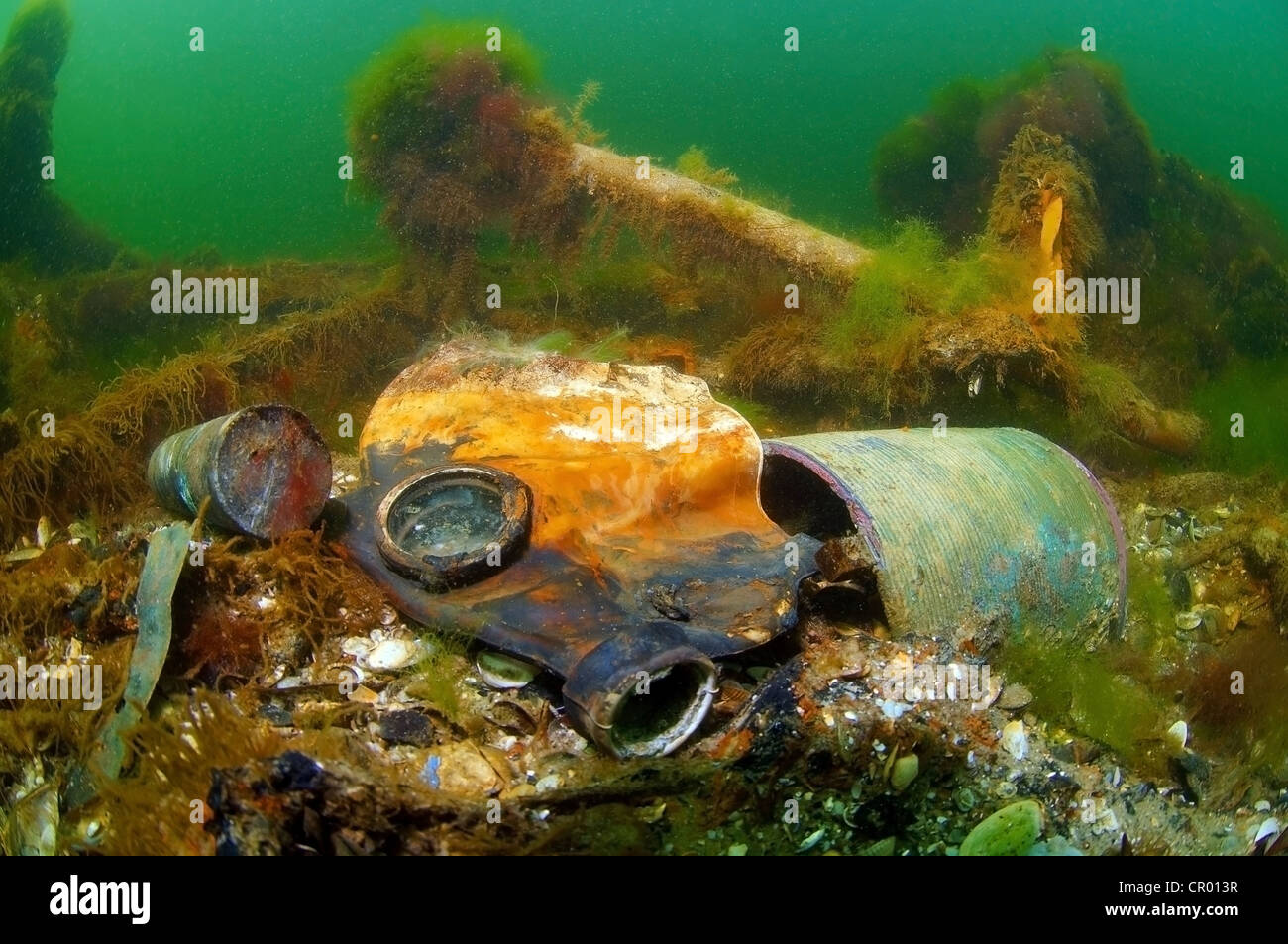 Gas mask in the underwater wreck of the mine trawler 'Collective farmer', Black Sea, Ukraine, Eastern Europe Stock Photo