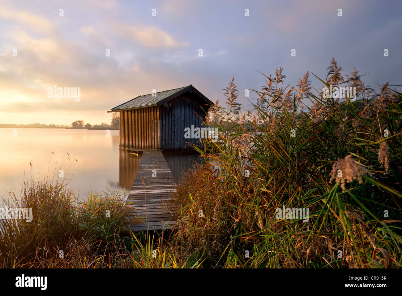 Sunrise with a fisherman's hut and a light morning mist near Rimsting on Lake Chiemsee, Bavaria, Germany, Europe, PublicGround Stock Photo