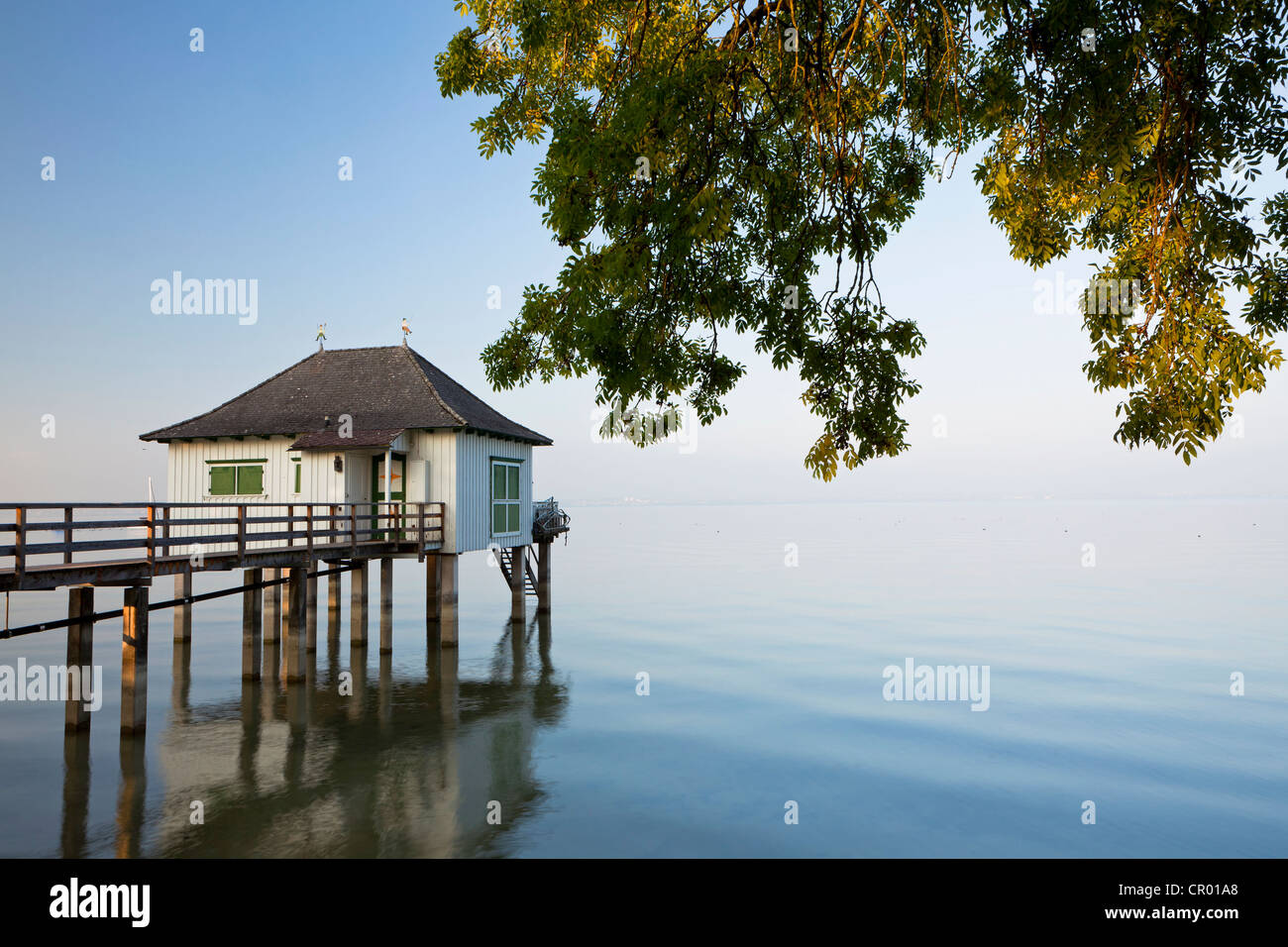 Bath house in the last evening light with gentle autumn fog near Kesswil on Lake Constance, Switzerland, Europe, PublicGround Stock Photo