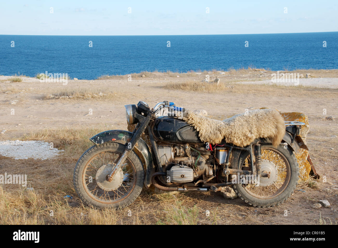 Old motorcycle, Cape Tarhankut, Tarhan Qut, Crimea, Ukraine, Eastern Europe Stock Photo
