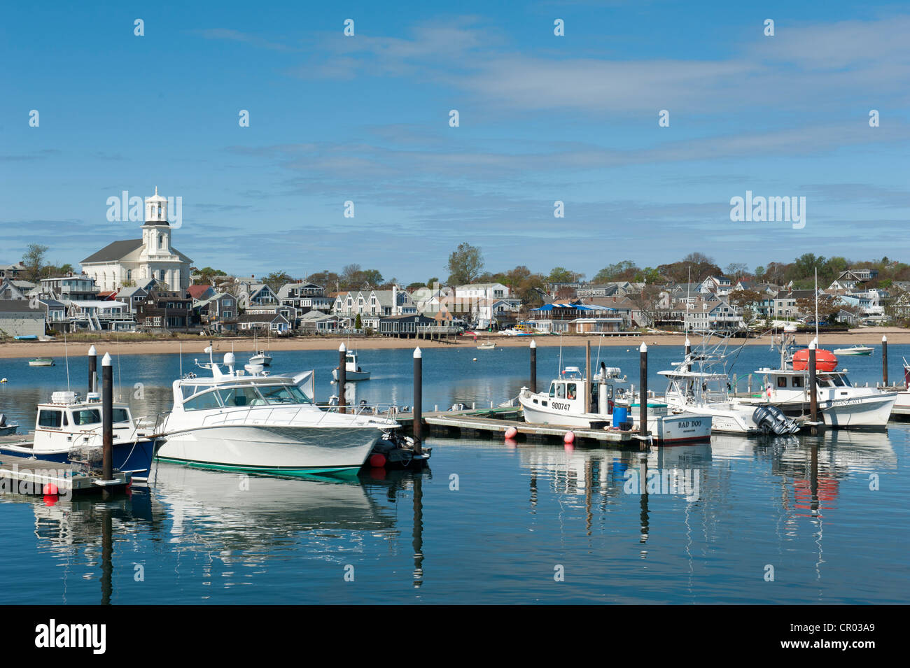 View from the pier towards boats and the city, Provincetown, Cape Cod, Massachusetts, USA, North America Stock Photo