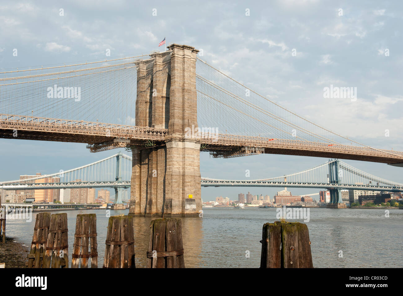 View from Manhattan towards the Brooklyn Bridge with the Manhattan Bridge the rear, suspension bridges, Two Bridges District Stock Photo