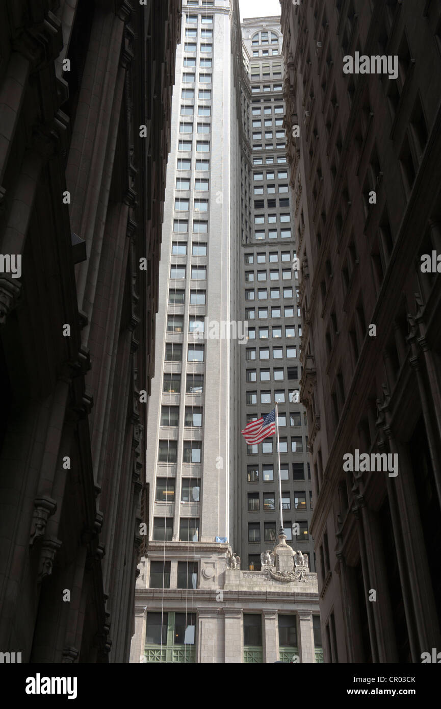 Narrow passage between high-rise buildings close to each other from a worm's-eye view, Financial District, Manhattan Stock Photo
