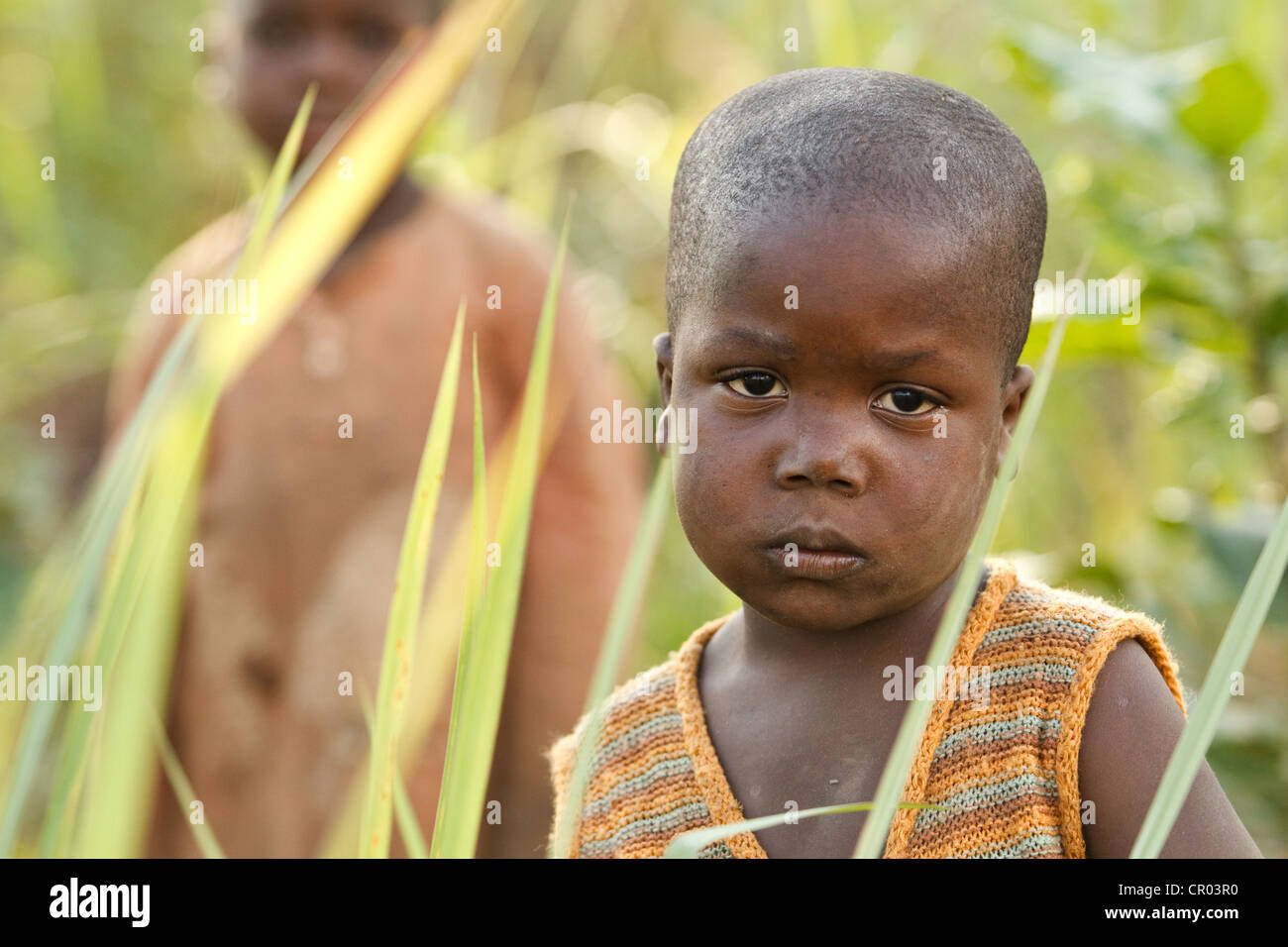 A boy who doesn't go to school stands in a field where he works in Djorbana, Zanzan region, Cote d'Ivoire Stock Photo