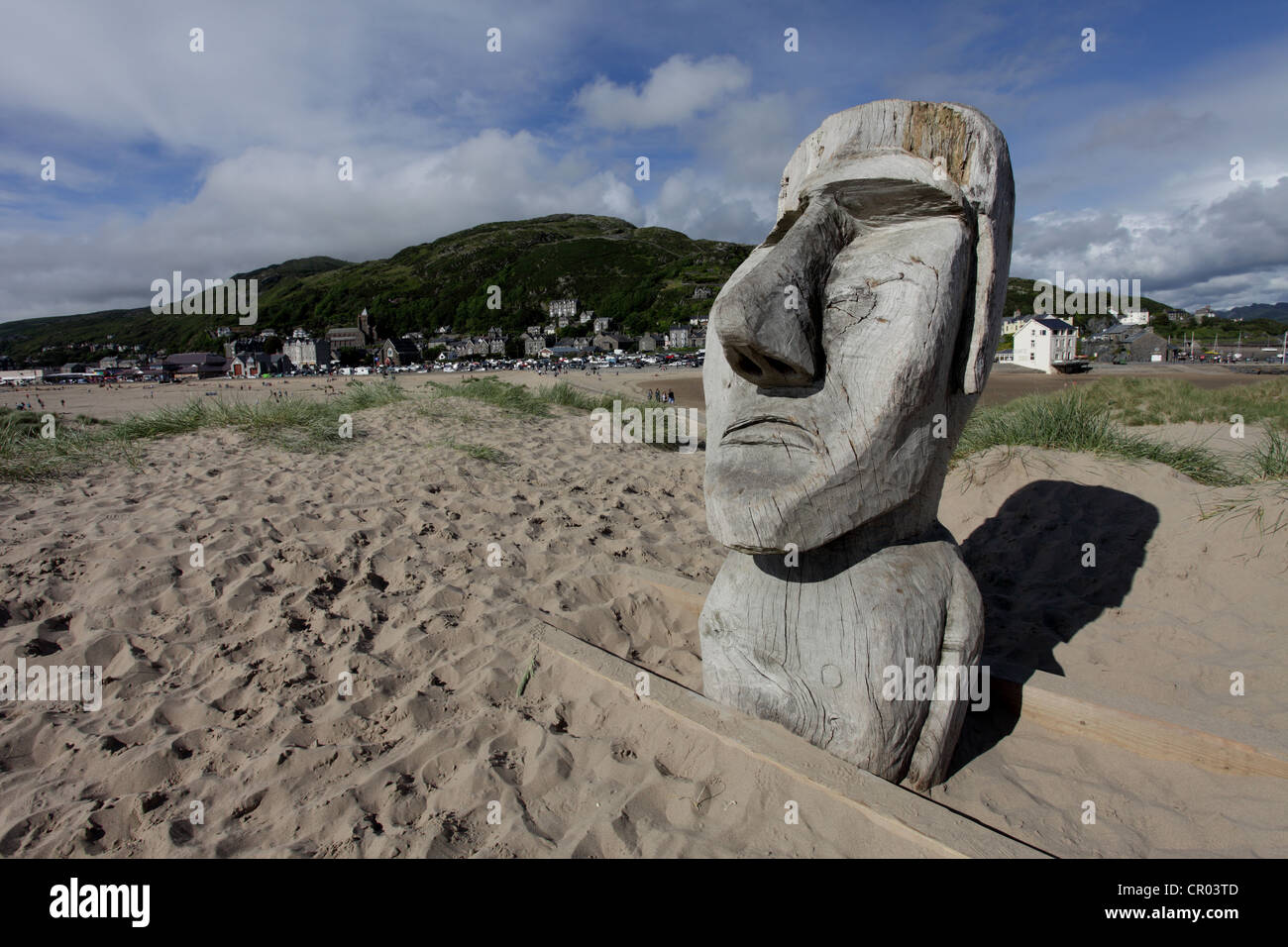 Easter Island head statue on barmouth beach wales. No one knows how the