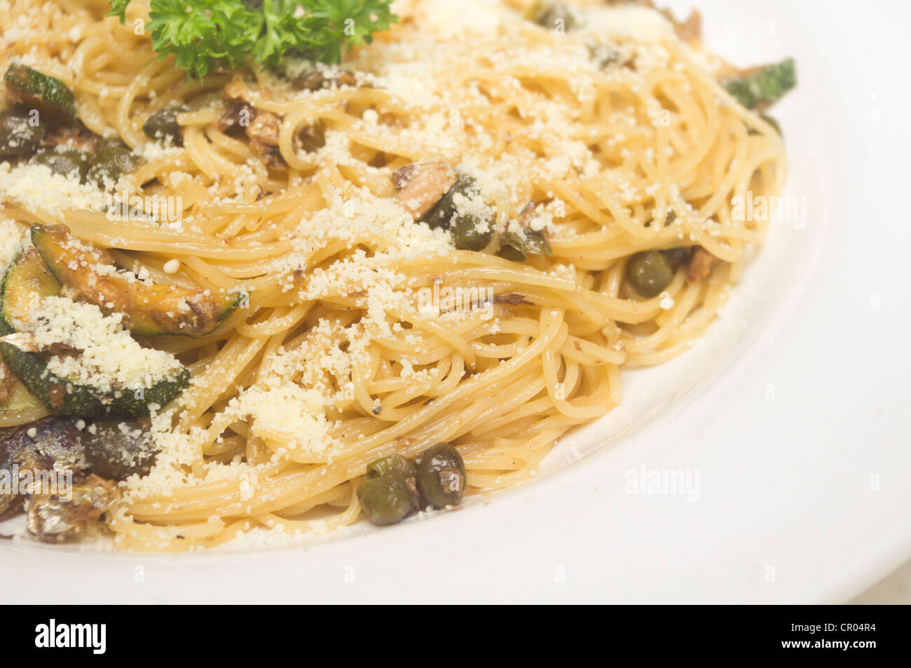 Pasta Con Sarde, Pasta with dried sardines, pickles and parmesan cheese. Stock Photo