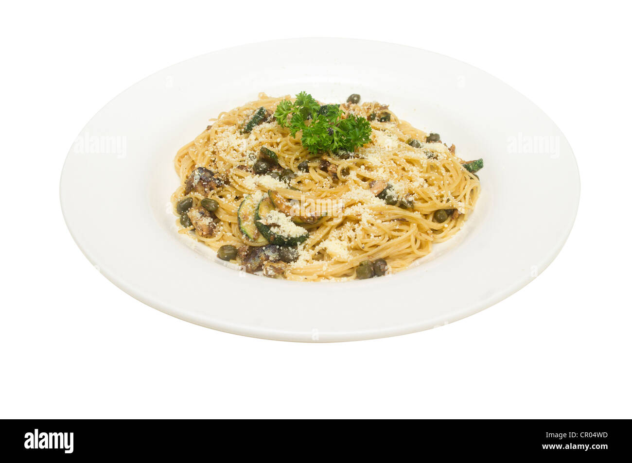 Pasta Con Sarde, Pasta with dried sardines, pickles and parmesan cheese. Stock Photo