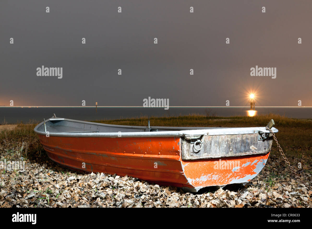 Life boat on the shores of Lake Constance at night, Konstanz, Baden-Wuerttemberg, Germany, Europe Stock Photo