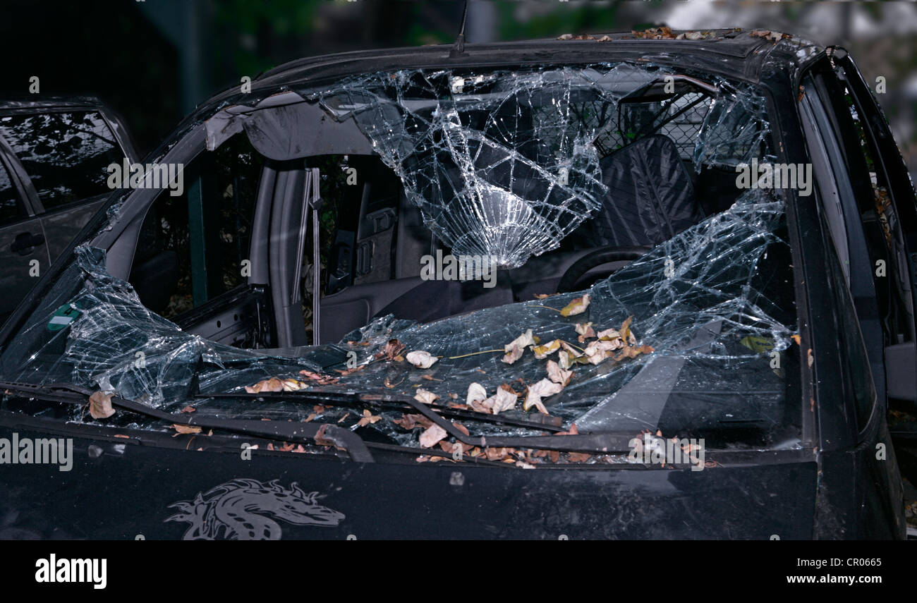 Broken windshield of a car involved in an accident Stock Photo