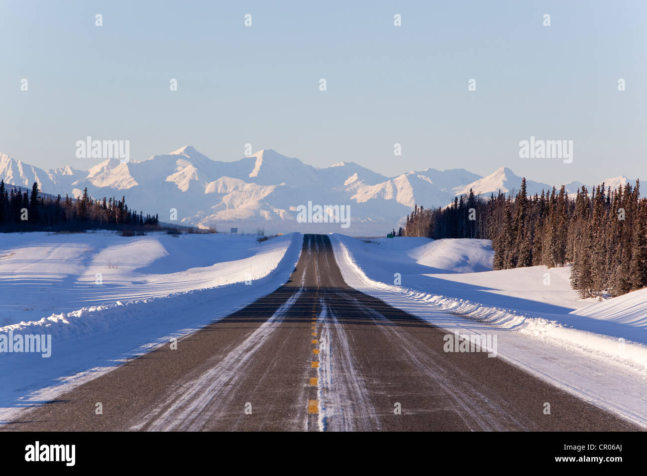 Alaska Highway in winter, St. Elias Mountains behind, Kluane National