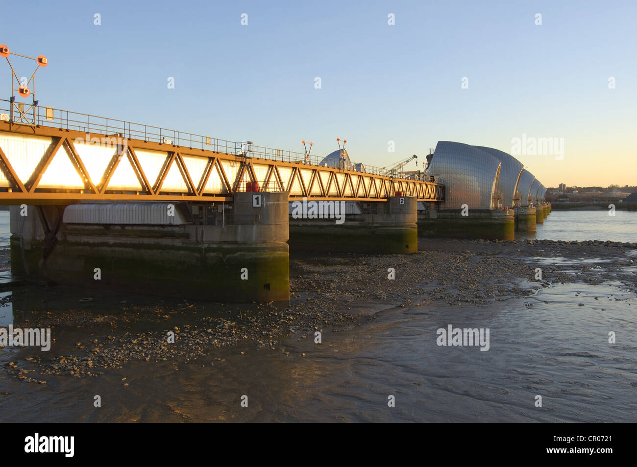 The Thames Barrier at sunset, London, England Stock Photo