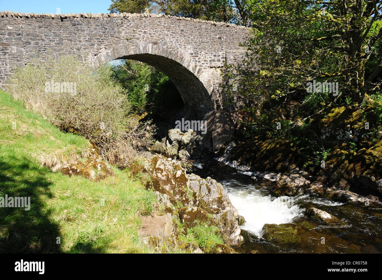 The River Tweed flows under a bridge as it passes by the village of Tweedsmuir, Dumfries & Galloway Stock Photo