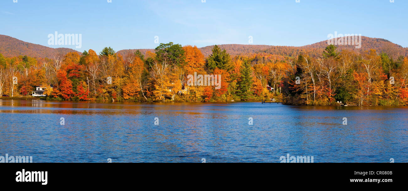 Sallys Pond in autumn, panorama, West Bolton, Quebec, Canada Stock