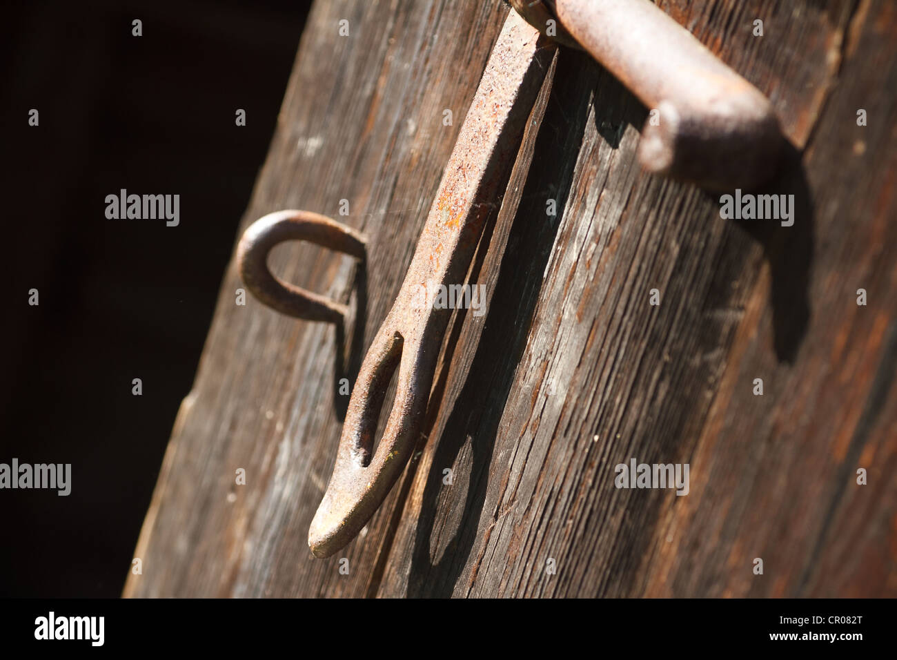 Old rusty staple on a wooden shed. Stock Photo