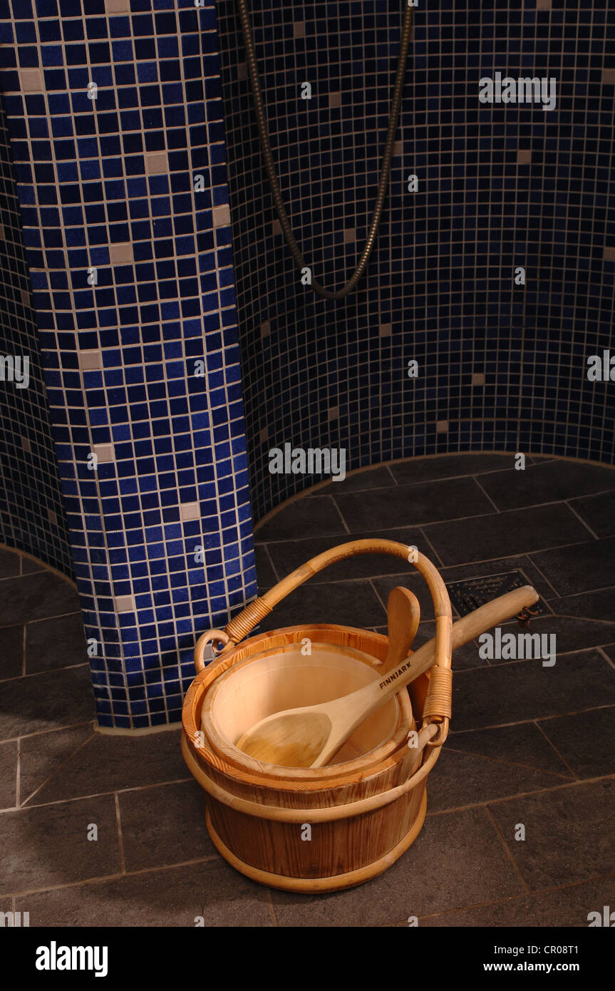 Bucket in a steam room Stock Photo Alamy