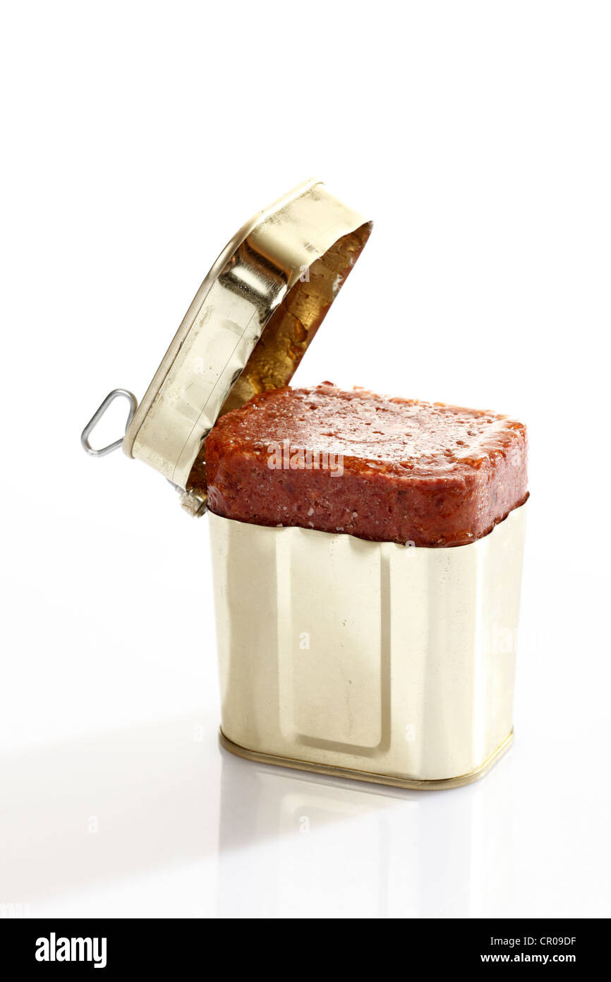 Opened tin of corned beef with opener Stock Photo Alamy