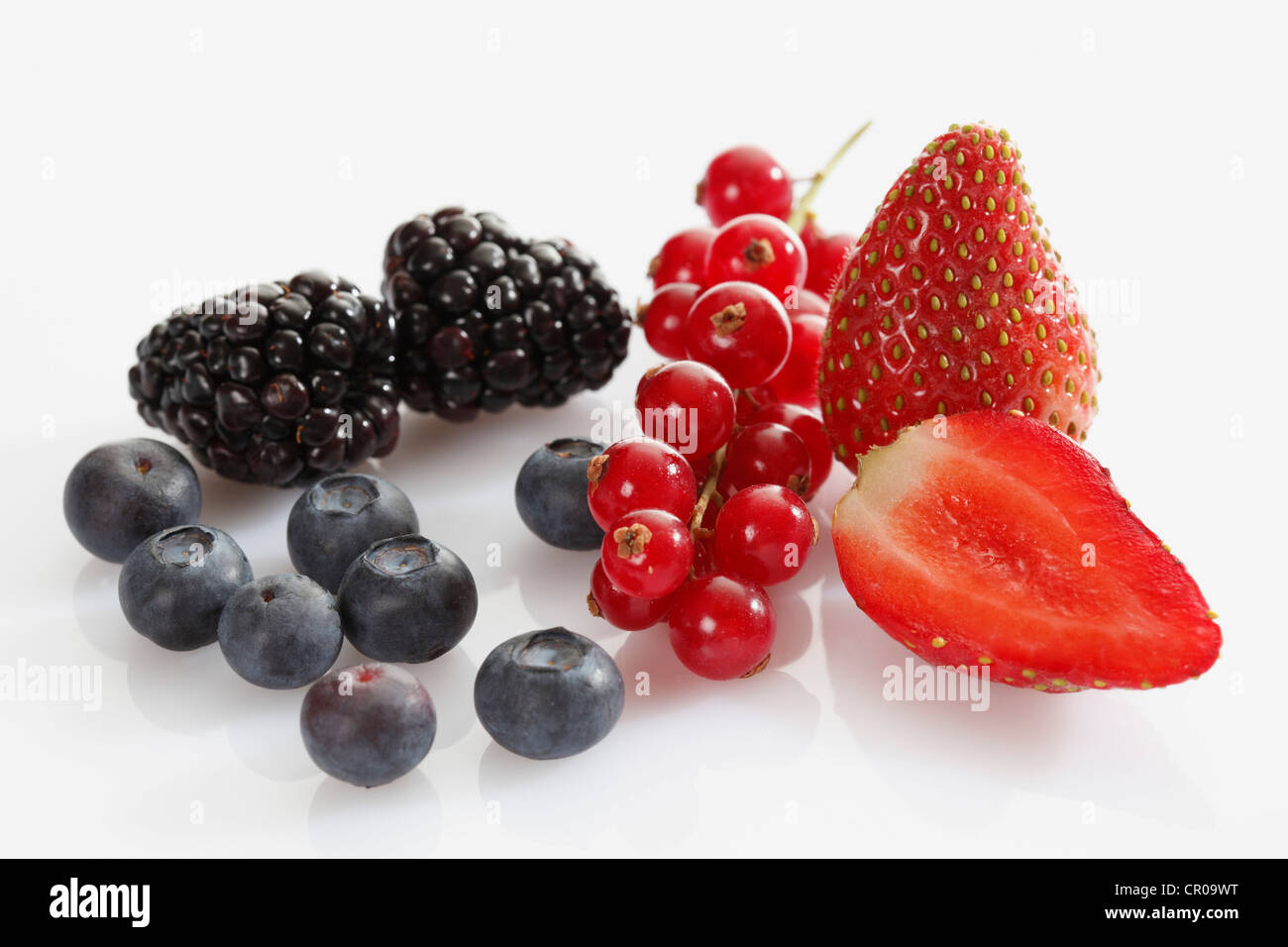 Berries, blackberries, blueberries, red currants, strawberries Stock Photo
