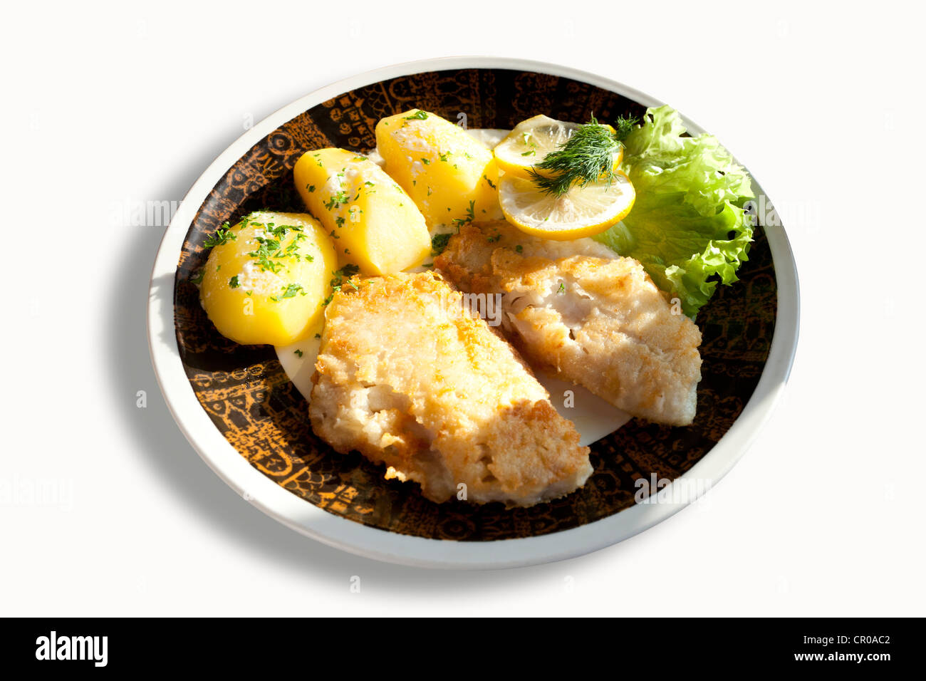 Redfish fillet in batter with boiled potatoes Stock Photo
