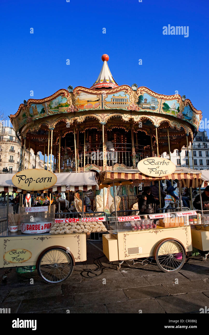 France, Paris , merry-go-round in Place de l'Hotel de Ville Stock Photo