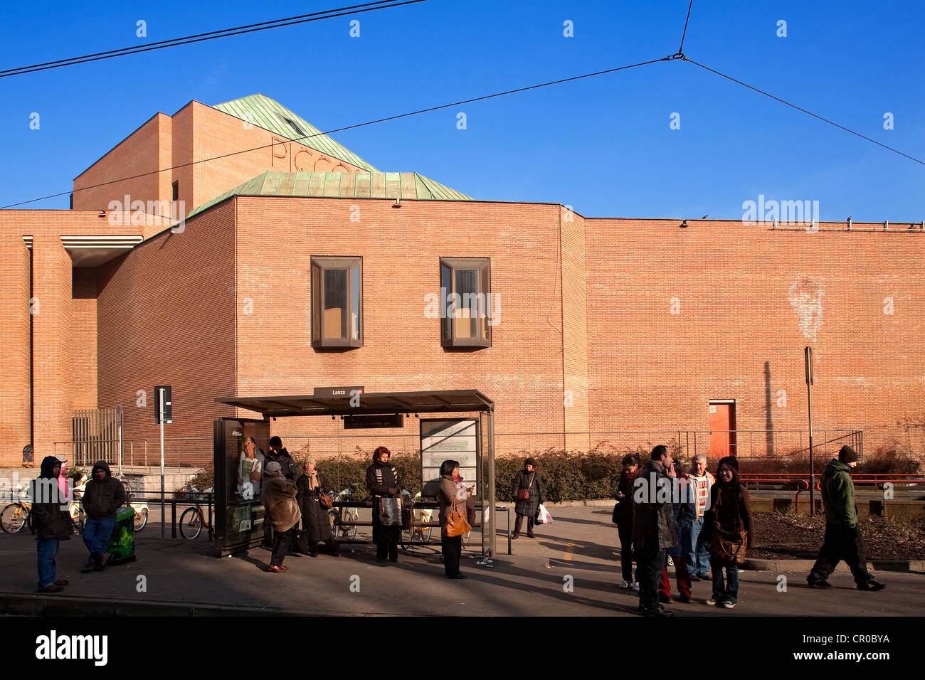 Italy, Lombardy, Milan, Foro Buonaparte, tram station in front of the Teatro Studio (Piccolo Teatro) Stock Photo