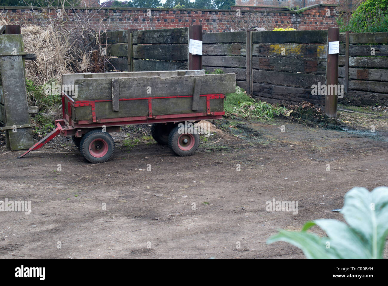 Old trailer by a group of compost bins at Doddington Hall, Lincolnshire