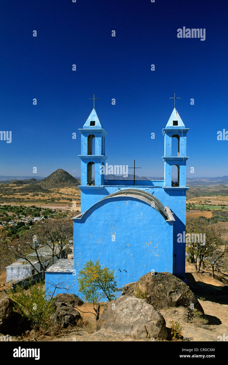 Mexico, Puebla State, Chila de Las Flores, church and panorama over the