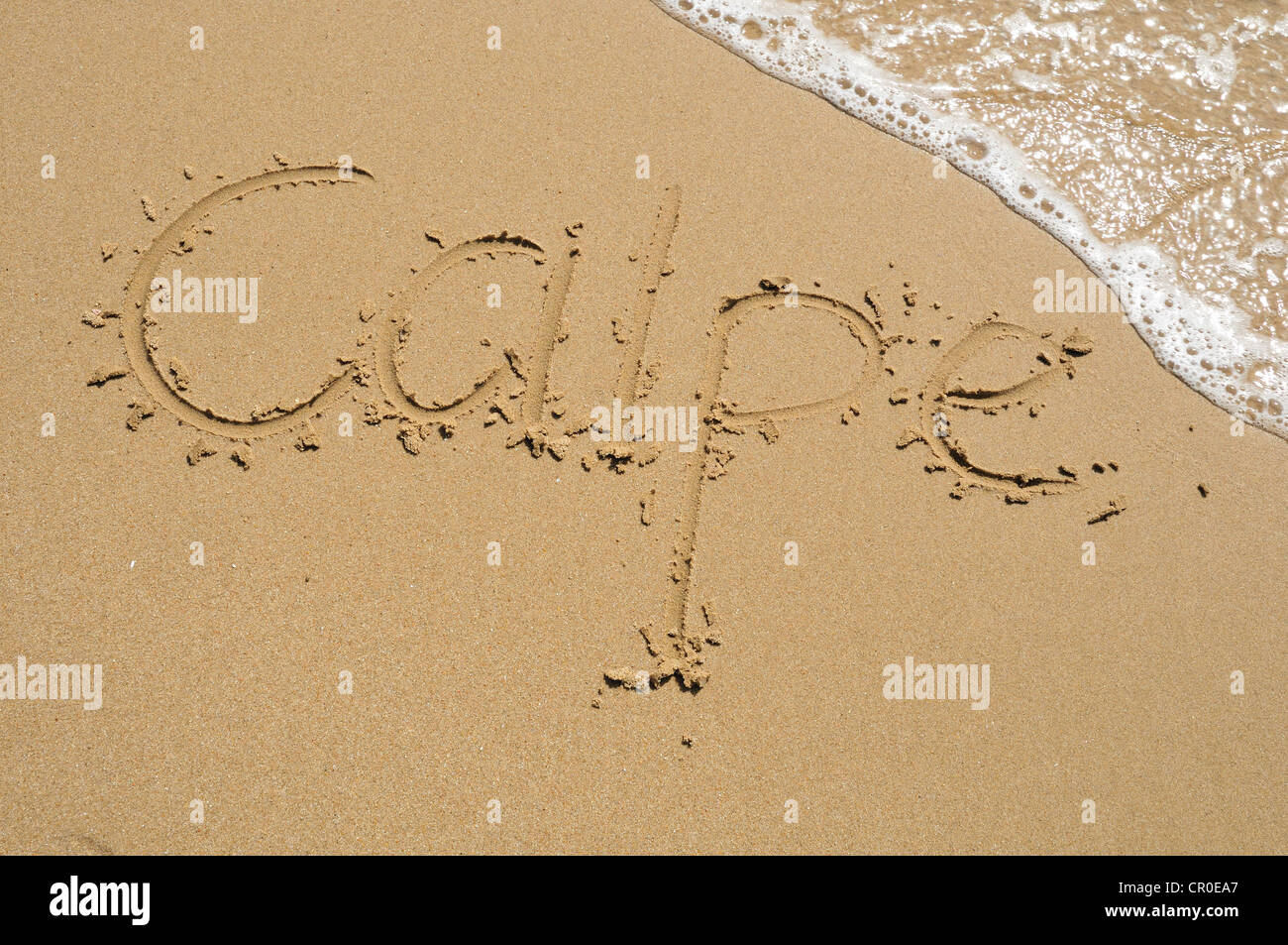 Calpe written in the sand, Calpe, Costa Blanca, Spain, Europe Stock Photo