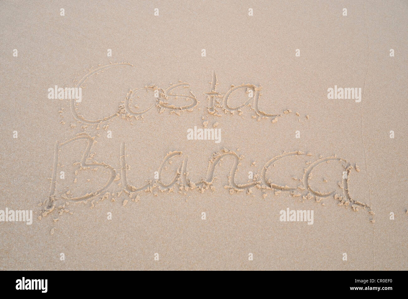'Costa Blanca', writing in the sand on the beach, Costa Blanca, Spain, Europe Stock Photo