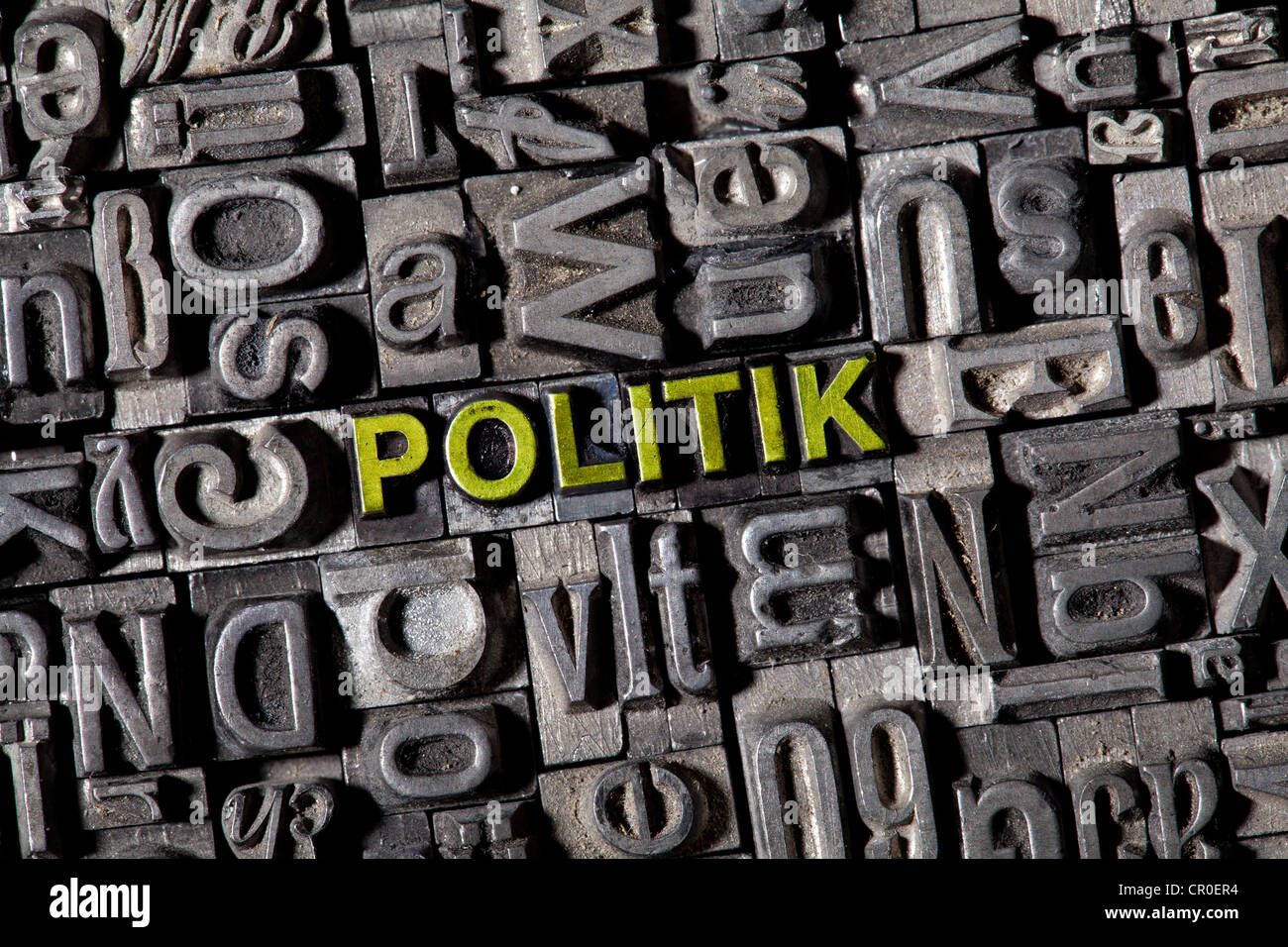 Old lead letters forming the word Politik, German for politics Stock Photo