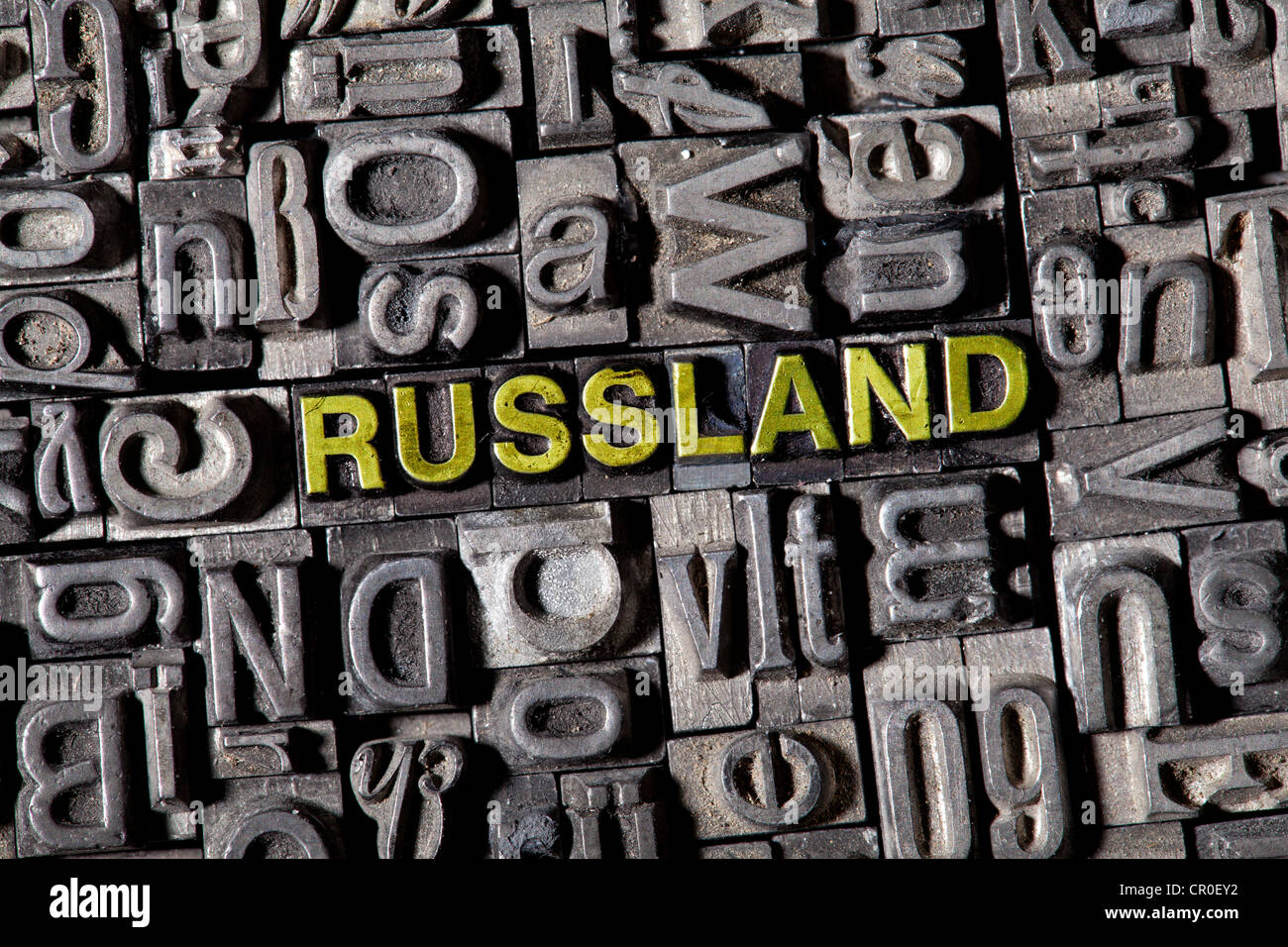 The word 'Russland', German for 'Russia', made of old lead type Stock Photo