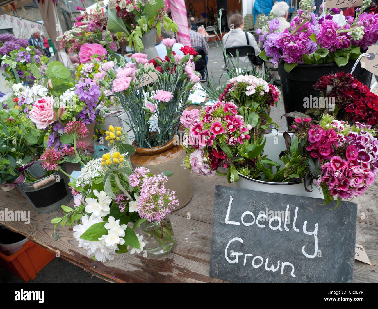 Locally grown sign at local cut flower street market shop stall Hayon