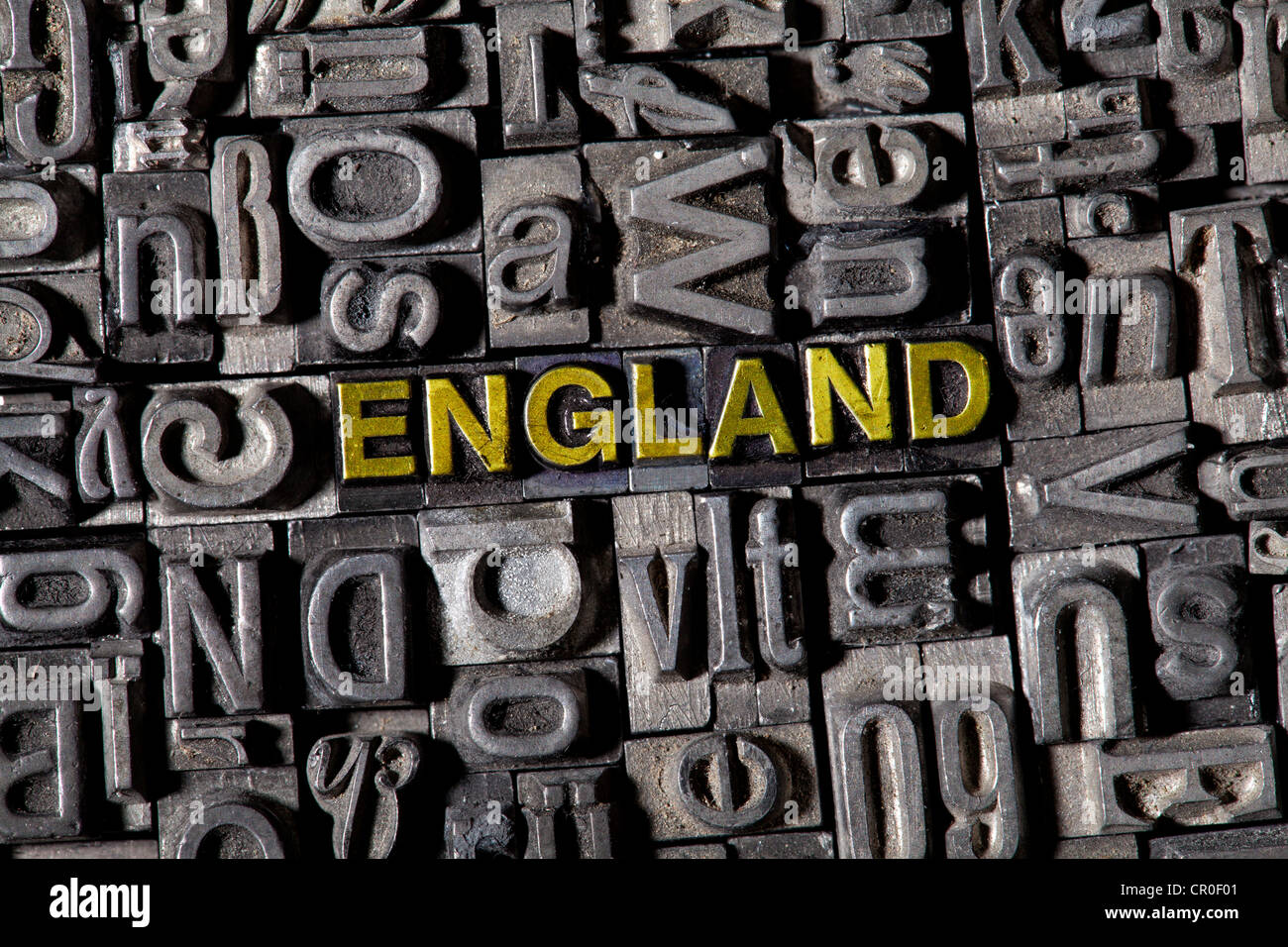 The word 'England', made of old lead type Stock Photo