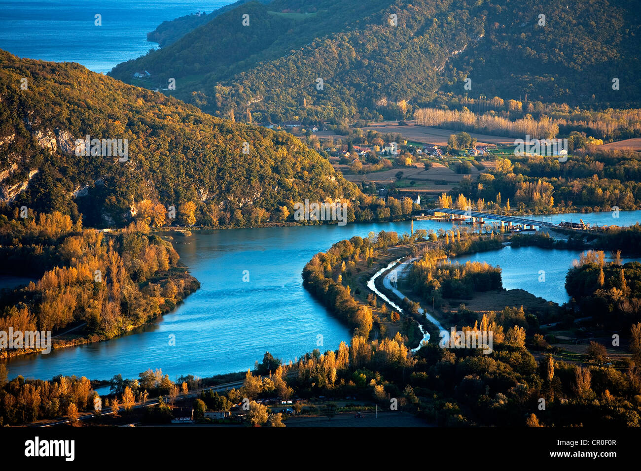 France, Ain, Culoz, Rhone River from grand colombier mountain, in the background the Bourget lake Stock Photo