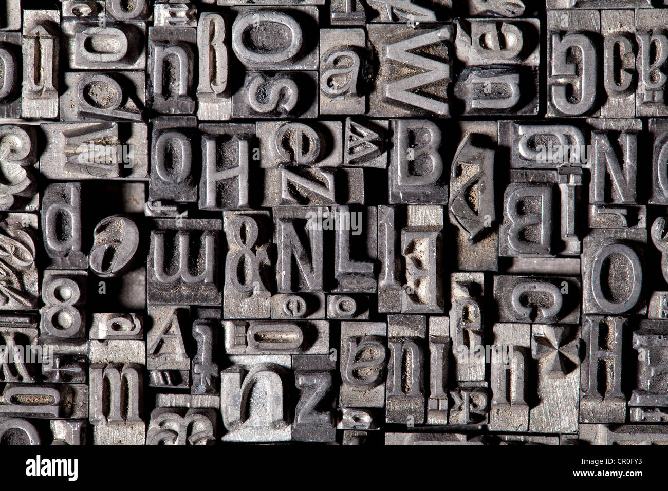 Old lead type for letterpress printing, mirrored Stock Photo