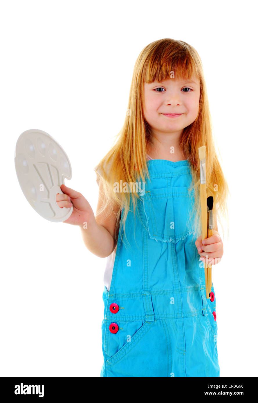 Small girl with brushes and palette on white background Stock Photo - Alamy