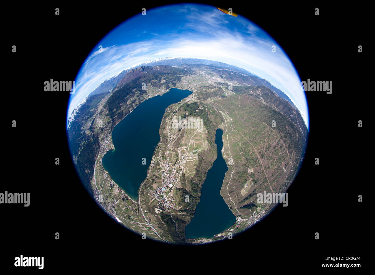 Aerial view, fisheye, Levico, Lago di Caldonazzo lake, Trentino, Italy, Europe Stock Photo