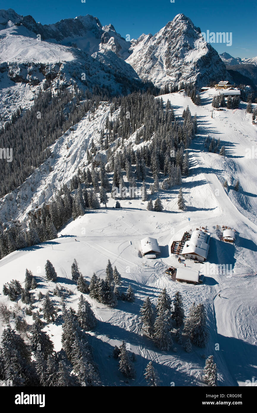 Aerial view, ski resort, Kreuzeck, Garmisch-Partenkirchen, Waxenstein ...